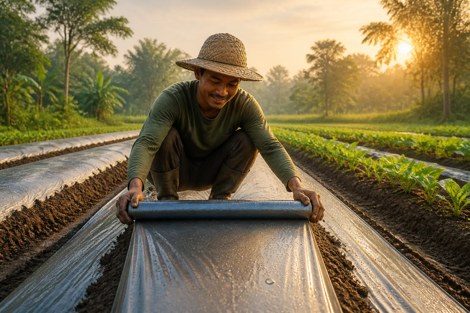 Farmer laying mulch film on vegetable beds