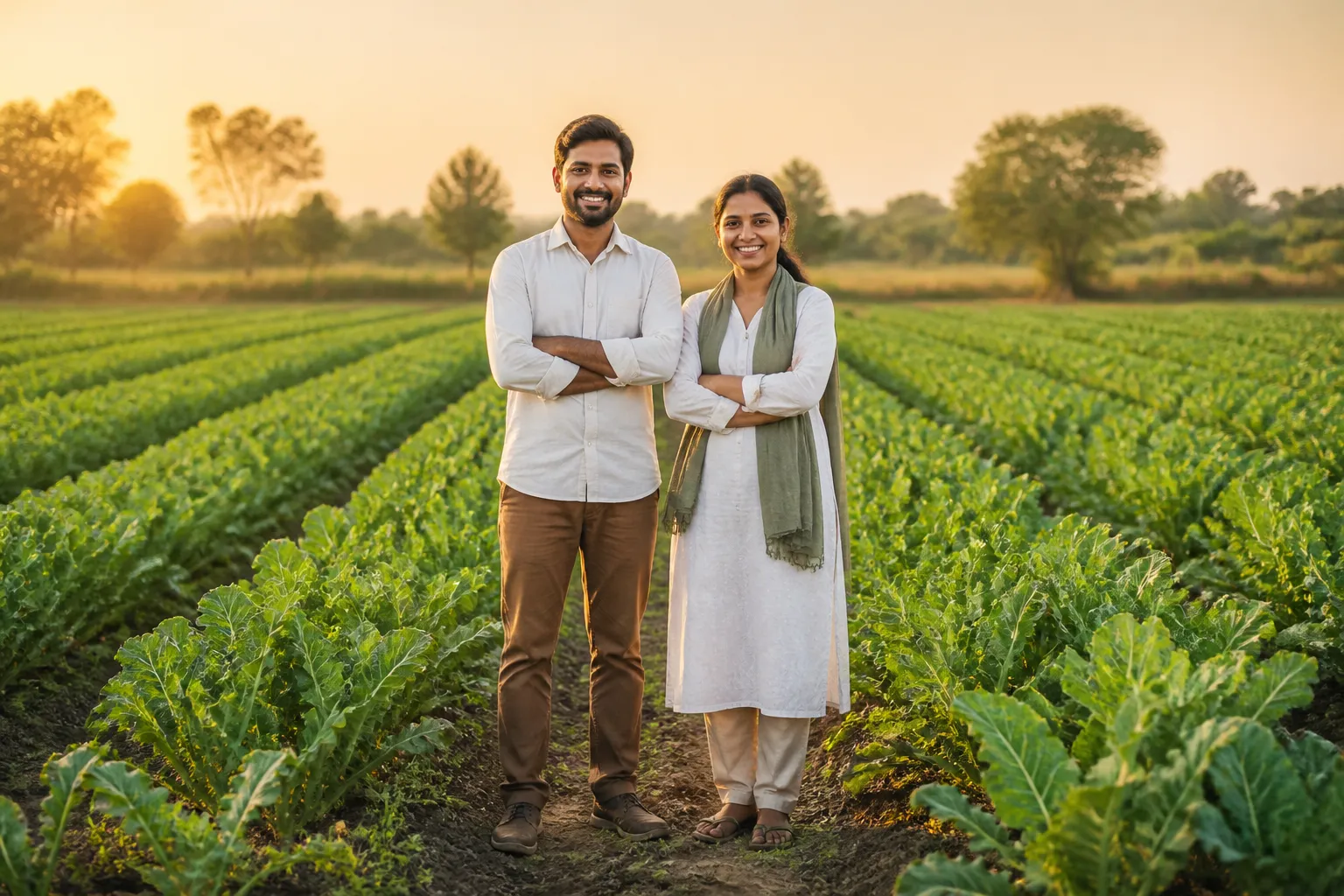 Rohit and Richa Jaiswal, founders of Significant Enterprises, in a farm field